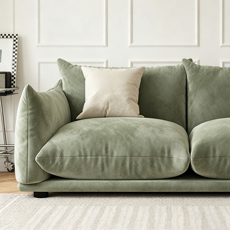 Editha Two Seater Sofa, Three Seater Sofa, Four Seater Sofa, Green Velvet upholstery and cushion detail