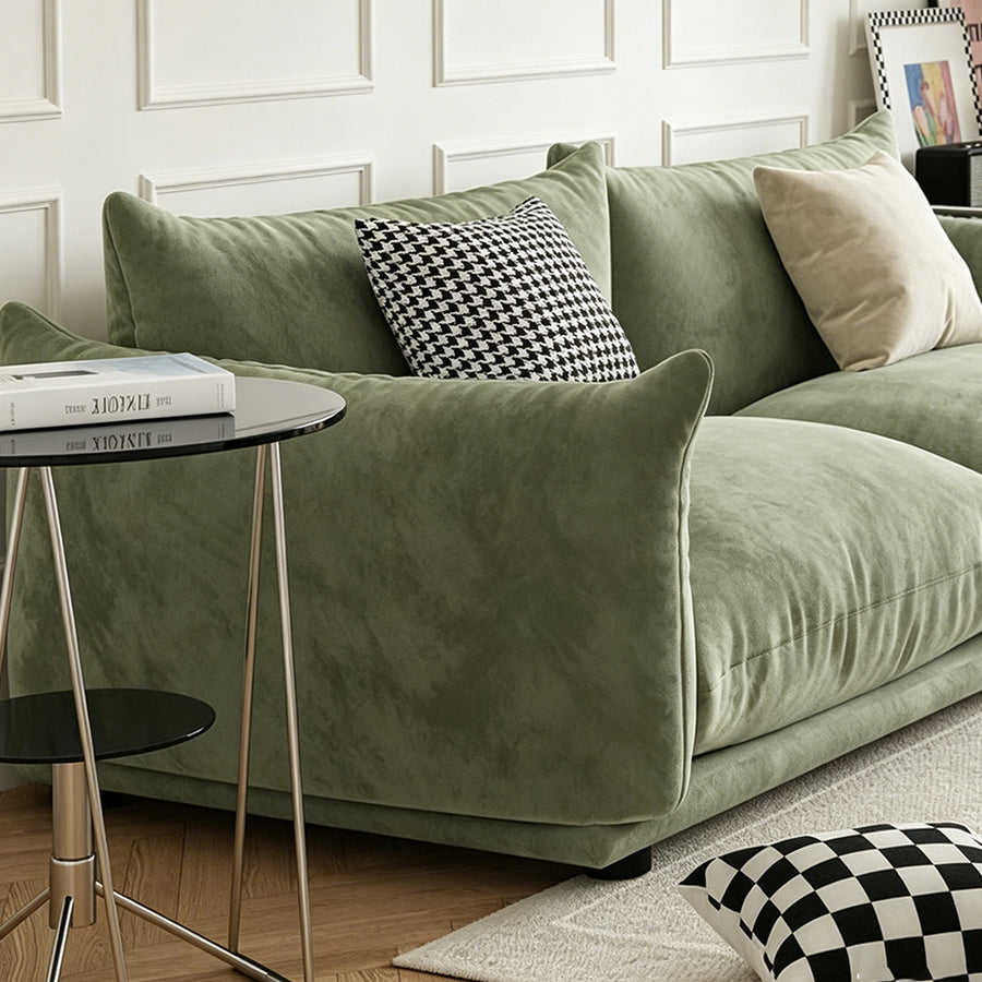 Editha Two Seater Sofa, Three Seater Sofa, Four Seater Sofa, Green Velvet side view and sofa proportion