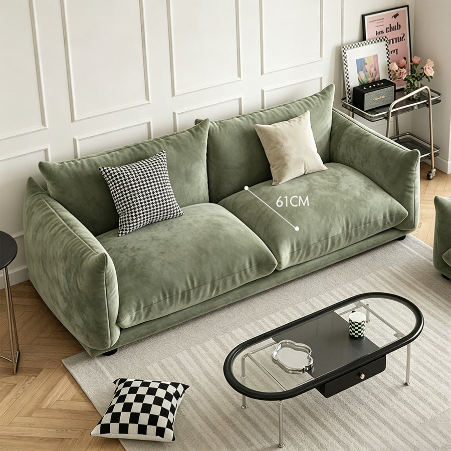 Editha Two Seater Sofa, Three Seater Sofa, Four Seater Sofa, Green Velvet compact living room seating idea