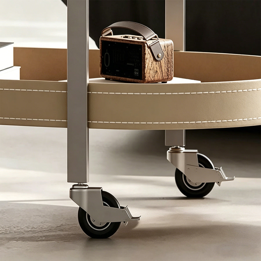 Edna Side Table, Trolley detail view for leather kitchen storage trolley UK