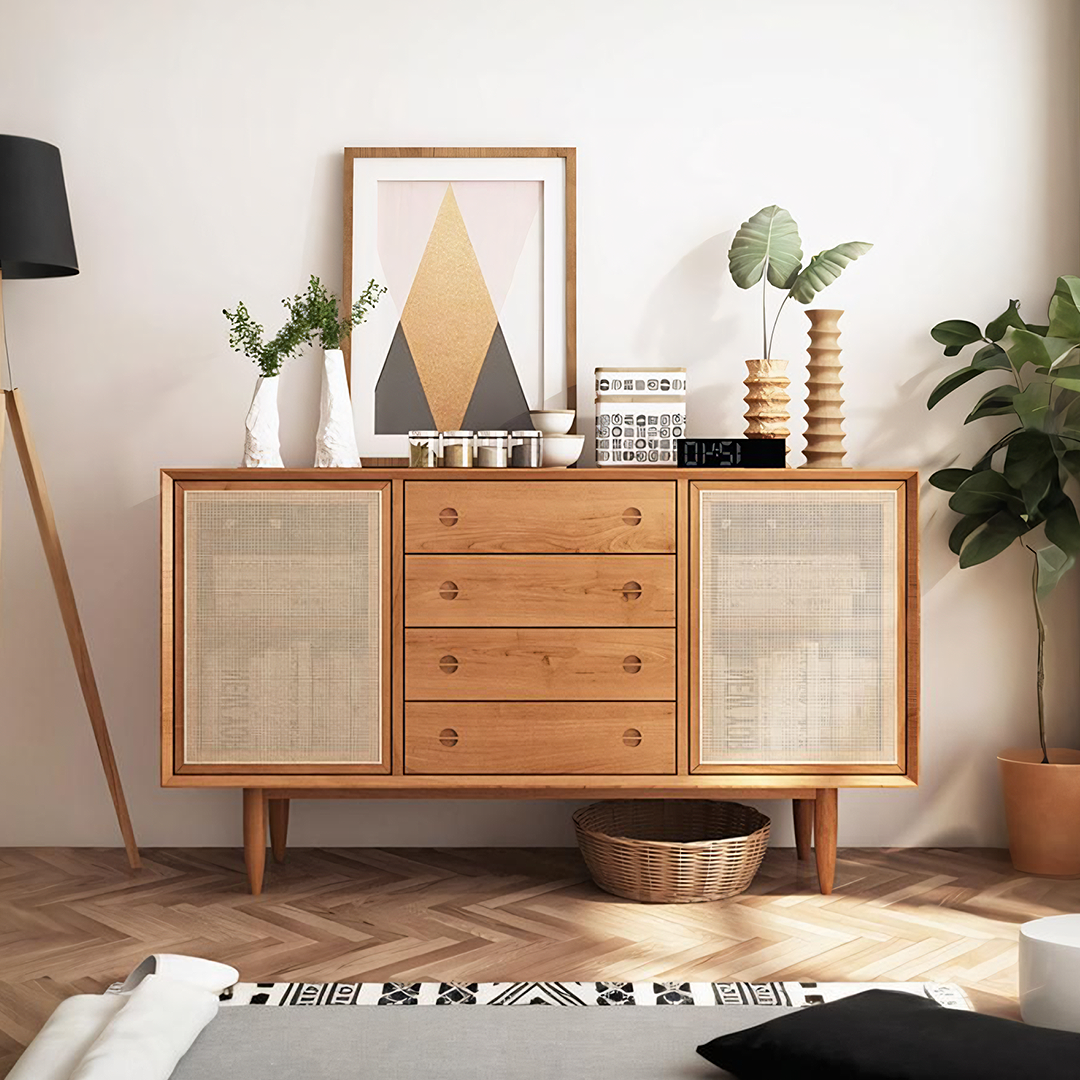 Evadne Rattan Sideboard with 2 Doors and 4 Drawers, Pine Wood - 2 rattan sideboard UK