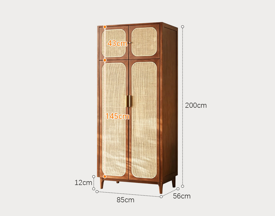Evelyn Two Door Wardrobe, Solid Wood & Rattan