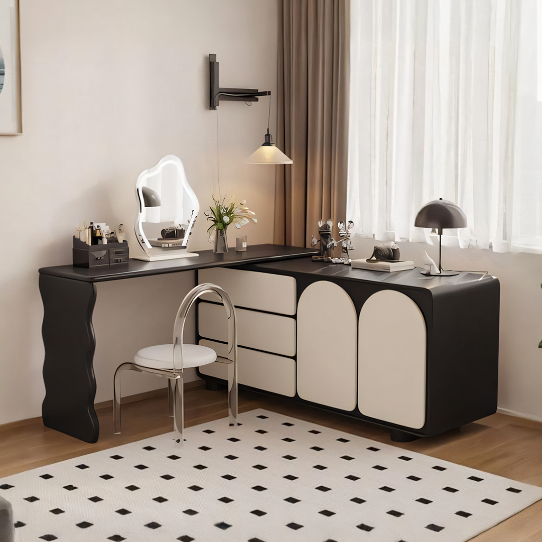 Fannie Dressing Table With Sideboard, Black & Cream-Rit Concept-With Stool-Wavy Base-Rit Concept