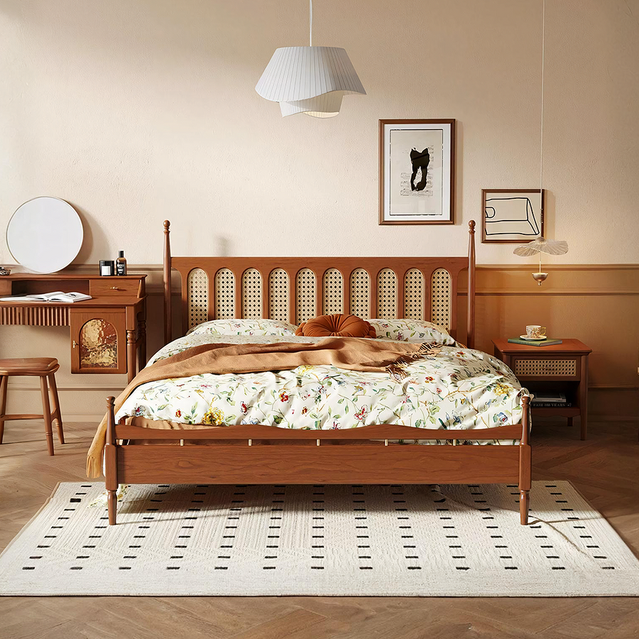 Flora King Size Bed, Cherry Wood - wooden storage bed UK