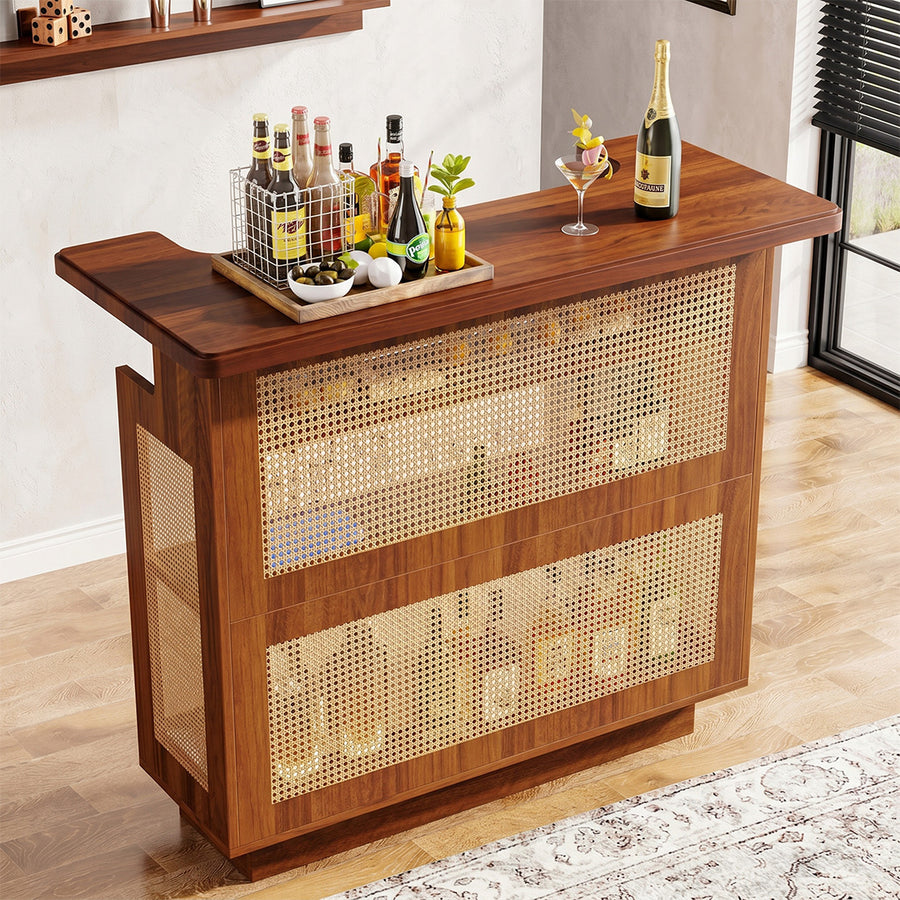 Gatsby Rustic Rattan Home Bar, Wine Bar Cabinet With Stemware Racks