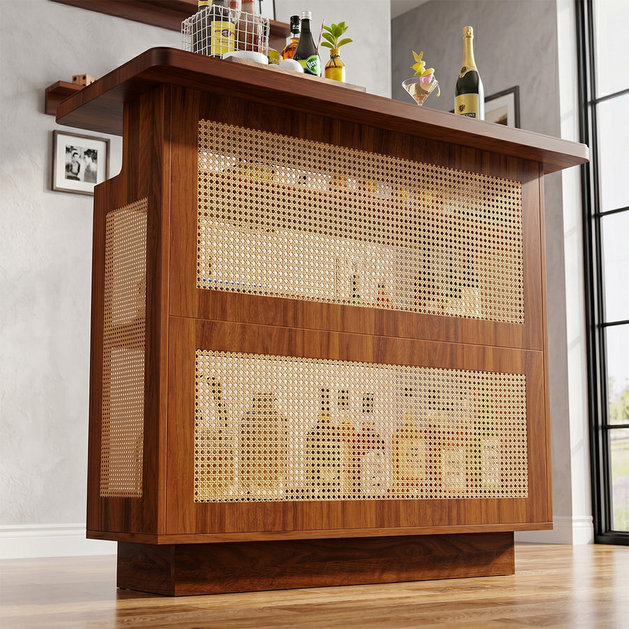 Gatsby Rustic Rattan Home Bar, Wine Bar Cabinet With Stemware Racks