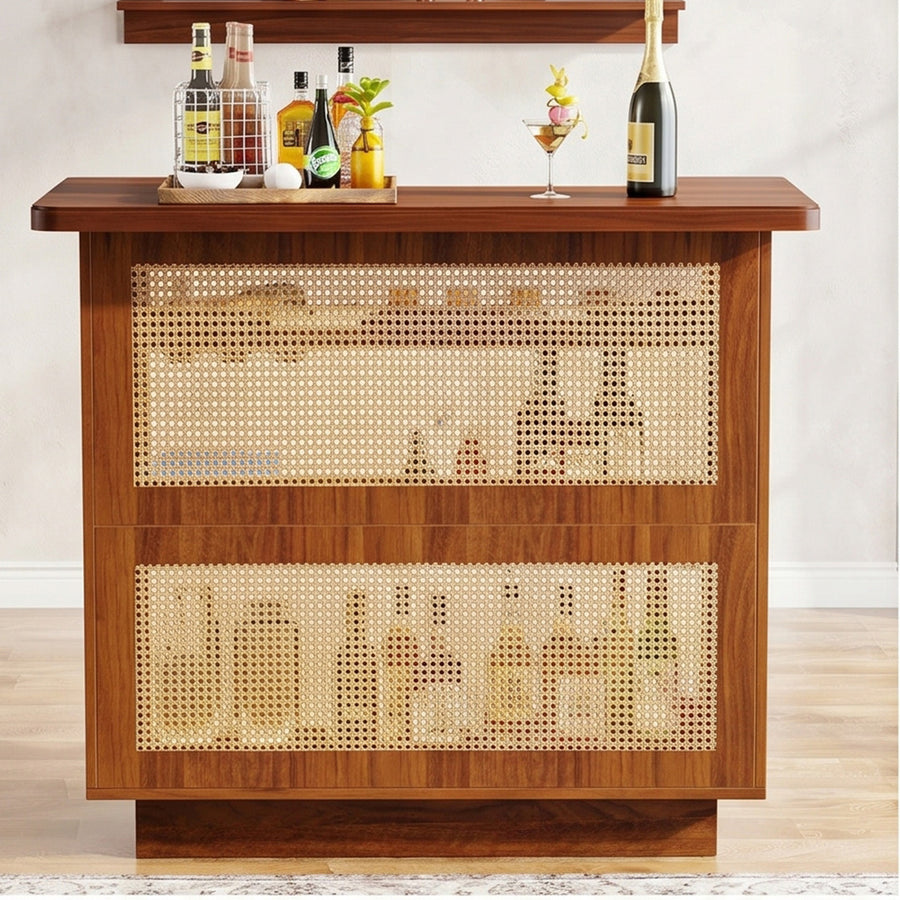 Gatsby Rustic Rattan Home Bar, Wine Bar Cabinet With Stemware Racks