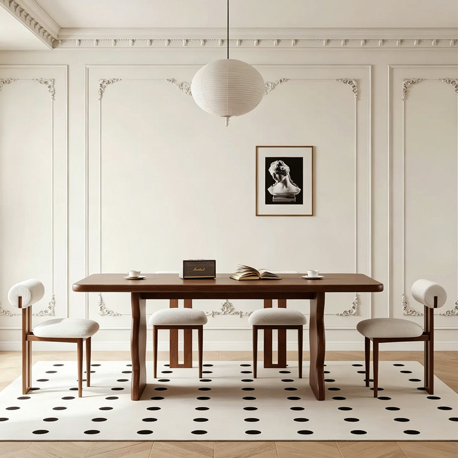 Gavin Dining Table, Walnut & Ash Wood lifestyle view with small rustic dining table