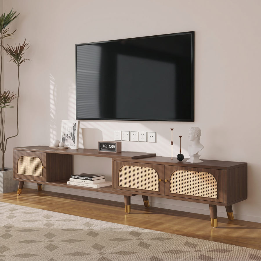 Kirsten Rattan TV Stand, Rubber Wood front view as a media unit