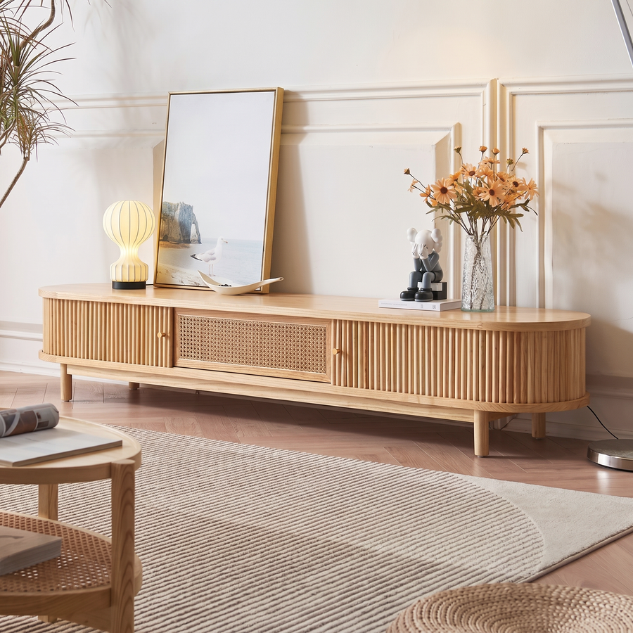 Wallace Rattan TV Stand lifestyle view with oak effect tv stand