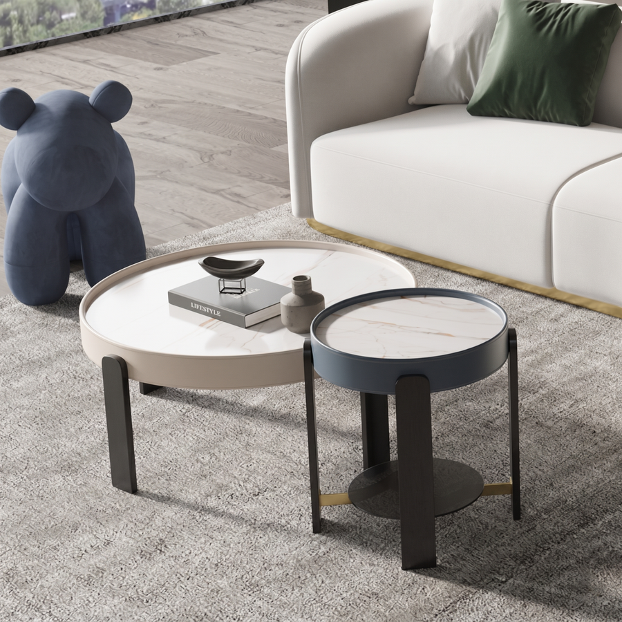 Moira Side Table, Sintered Stone & Rubber Wood