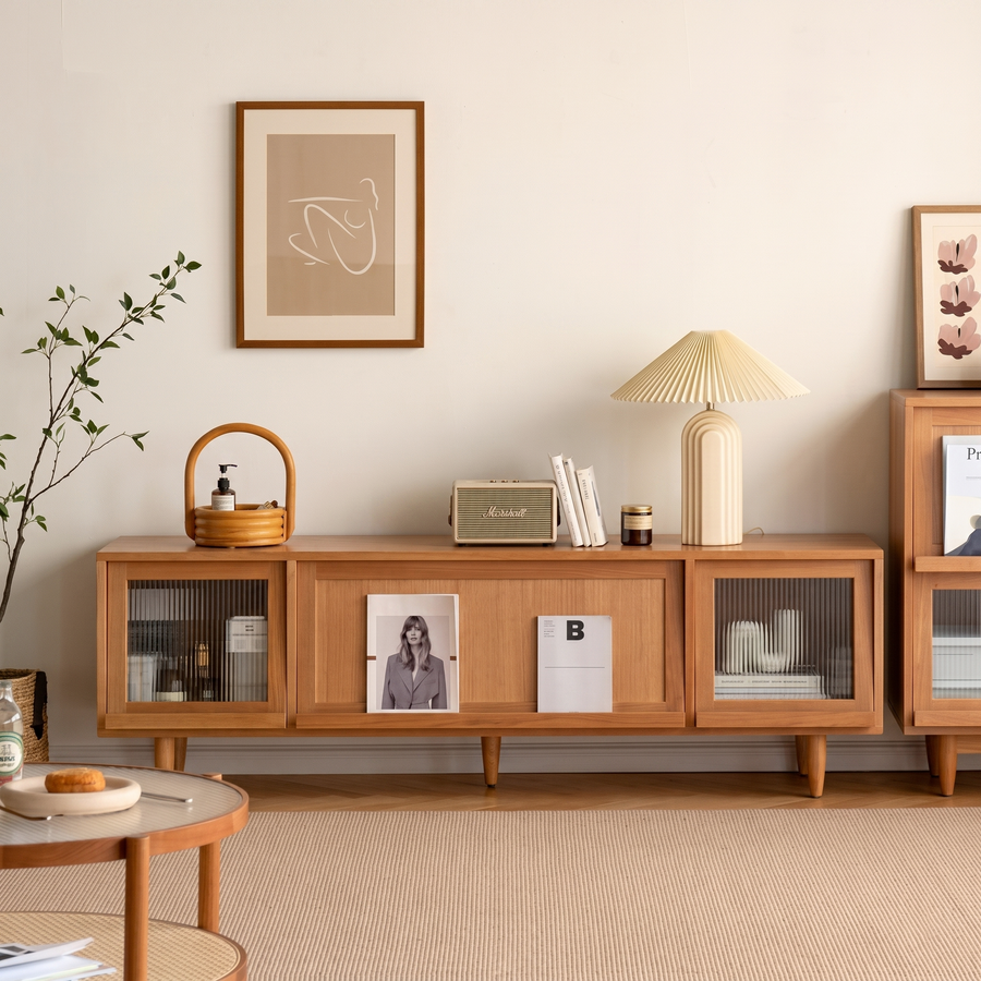 Gwendolyn Rattan TV Stand storage detail and media unit finish