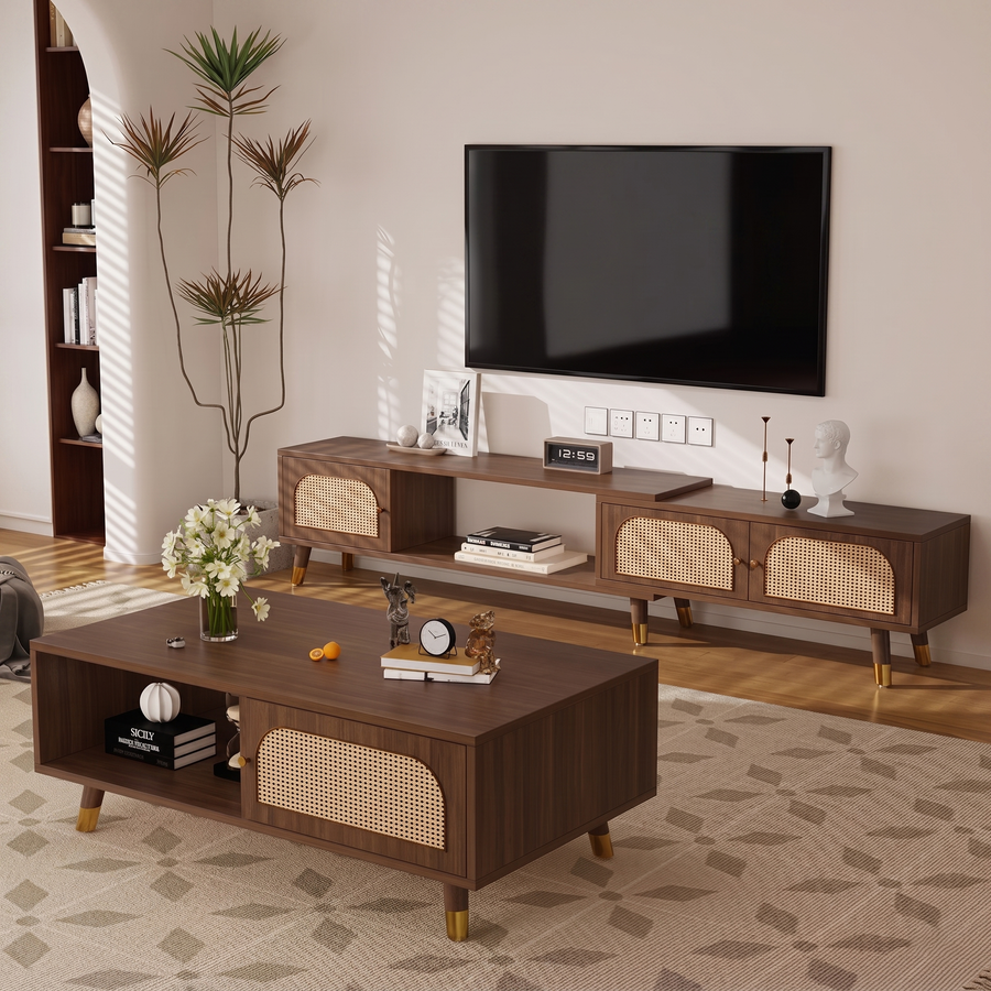 Kirsten Rattan TV Stand, Rubber Wood room setting for TV storage