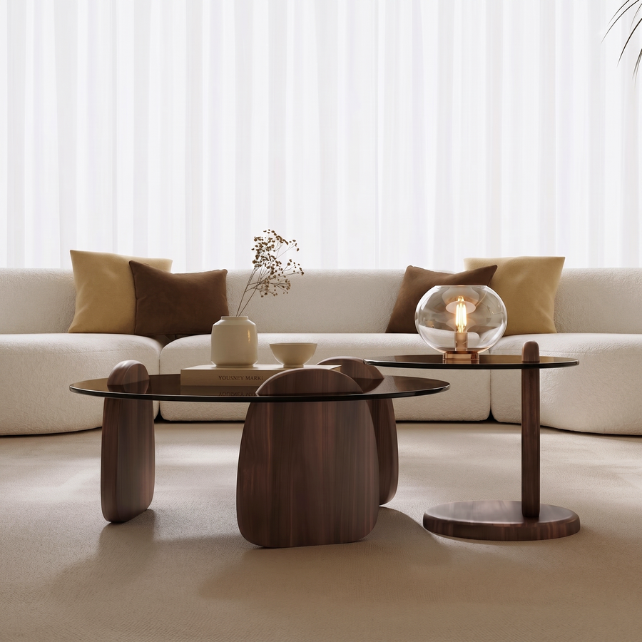 Modern Coffee Table set for Living Room, Dark Walnut Color