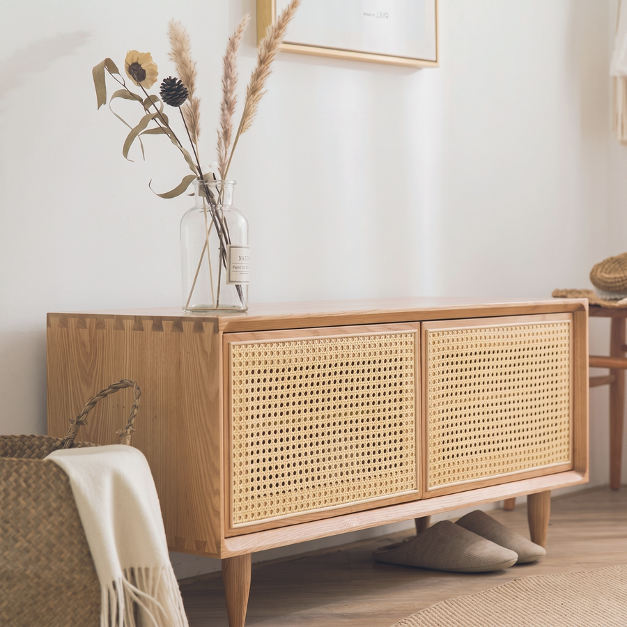 Tawny Rattan TV Stand storage detail and media unit finish