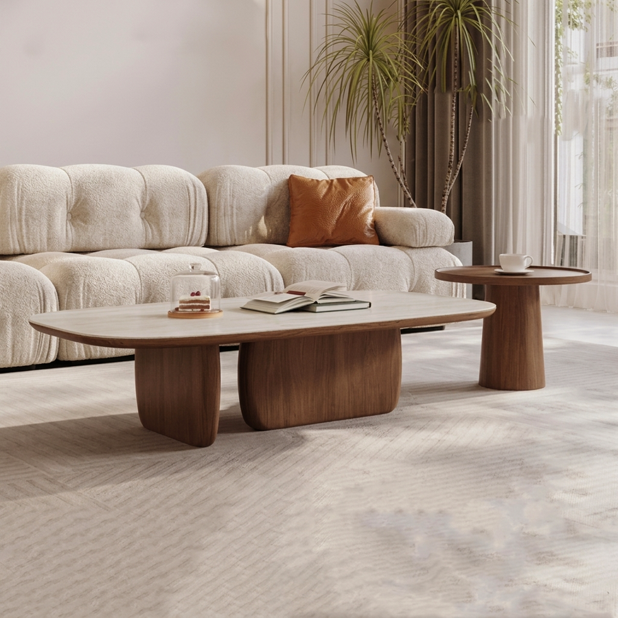 Barakat Travertine Coffee Table Set, Walnut
