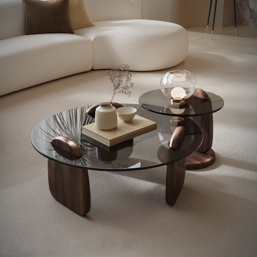 Modern Coffee Table set for Living Room, Dark Walnut Color