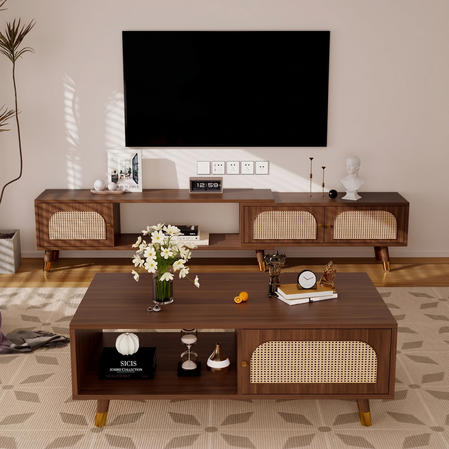 Kirsten Rattan TV Stand, Rubber Wood cabinet and shelf detail