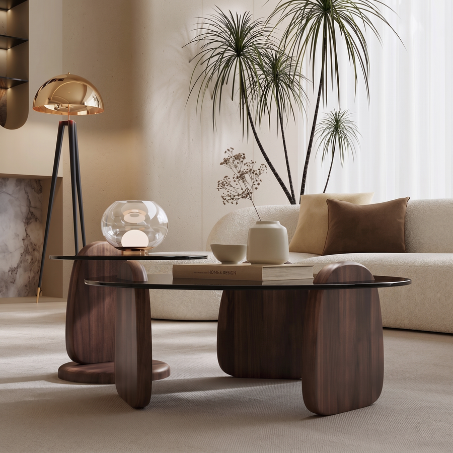 Modern Coffee Table set for Living Room, Dark Walnut Color