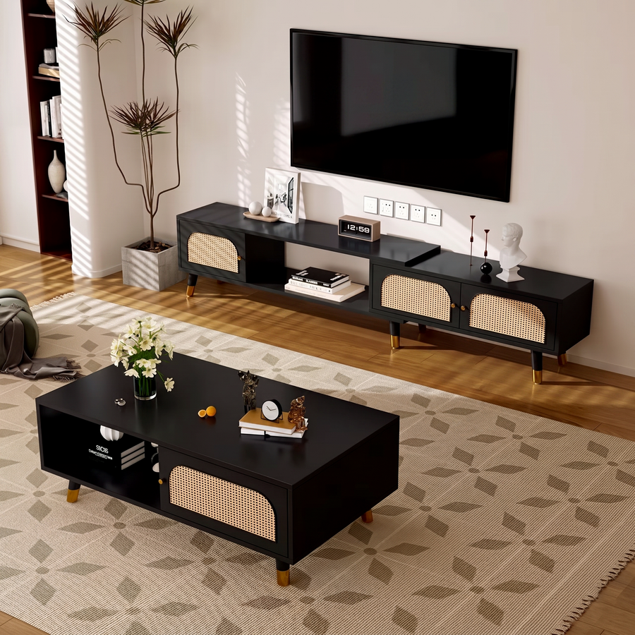 Kirsten Rattan TV Stand, Rubber Wood storage detail and media unit finish