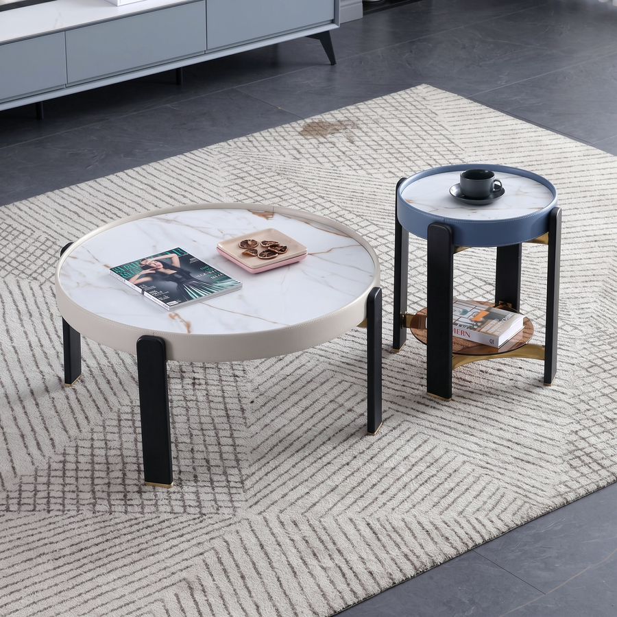 Moira Side Table, Sintered Stone & Rubber Wood