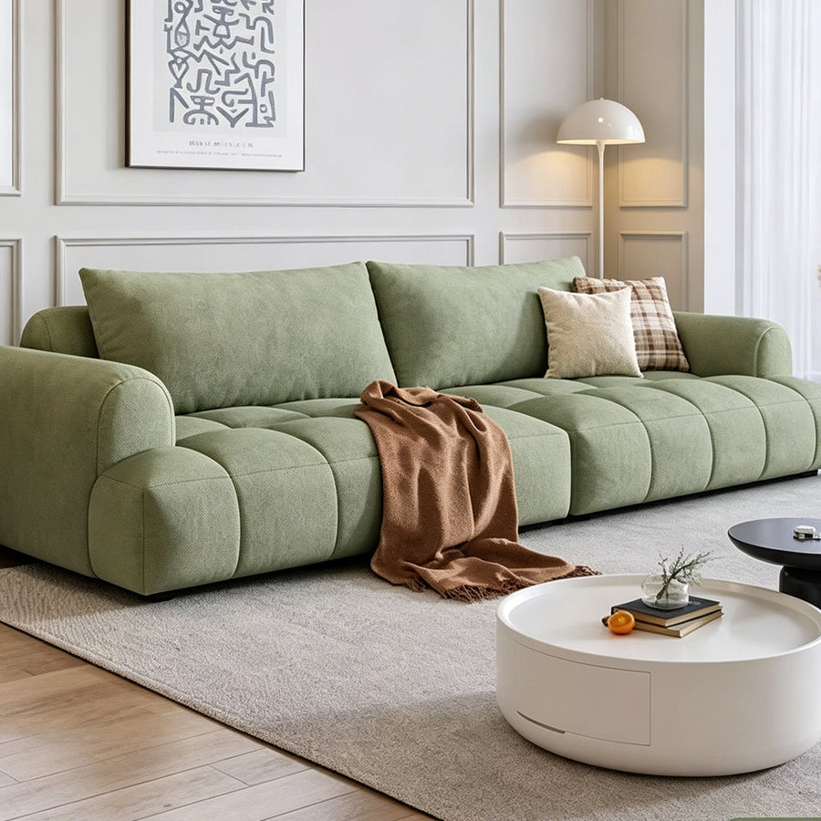 Grayson Puff Two Seater, Three Seater, Four Seater Sofa, Suede lifestyle view with two seater sofa uk