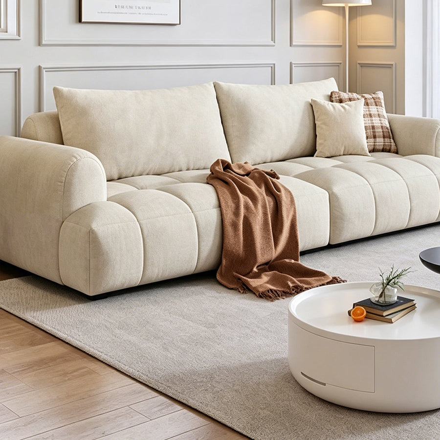 Grayson Puff Two Seater, Three Seater, Four Seater Sofa, Suede front view as a modern two seater sofa