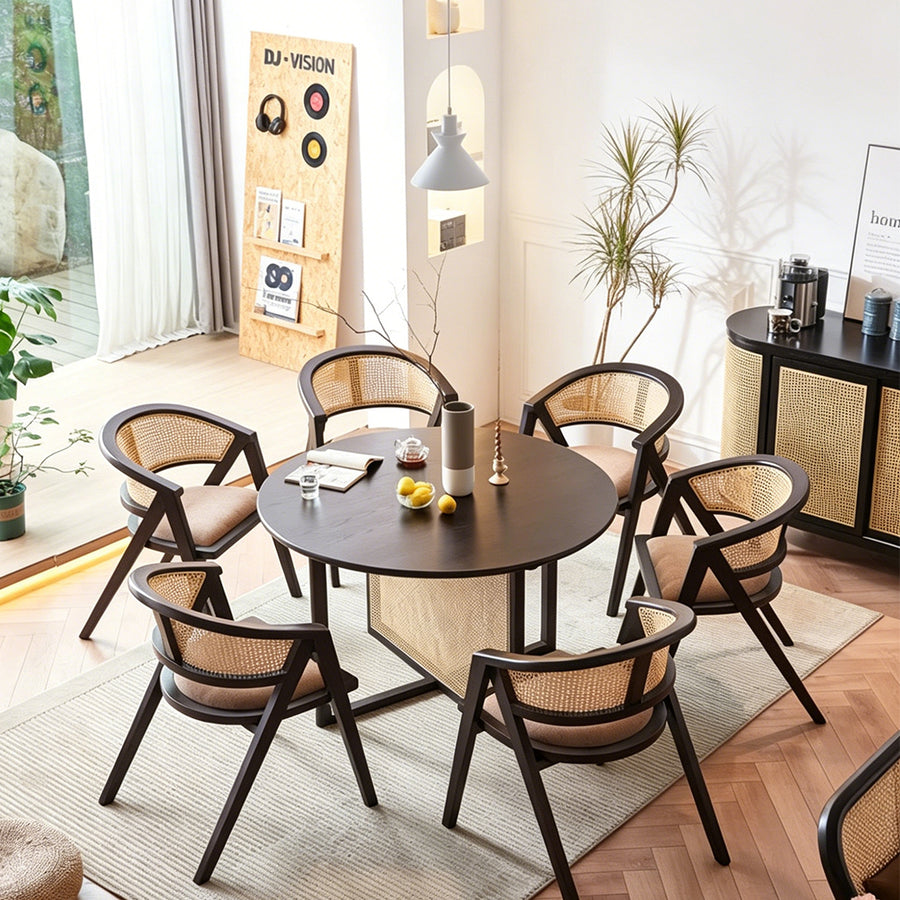Hannah Round Dining Table lifestyle view with round wood dining table with chairs