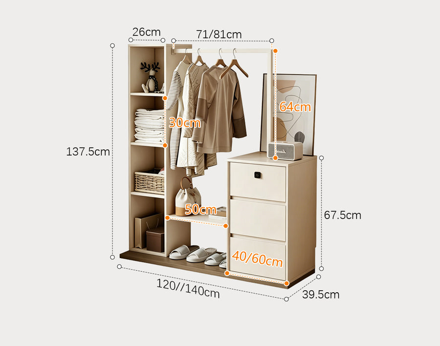 Hiroshi Coat Rack With Storage, Wardrobe With Coat Stand detail view for tan wardrobe UK