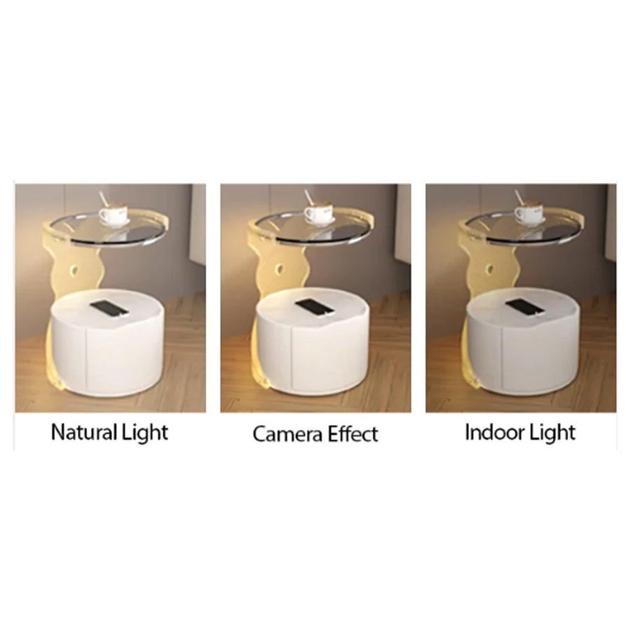 Hutton Round Bedside Table With Storage & Light Strip