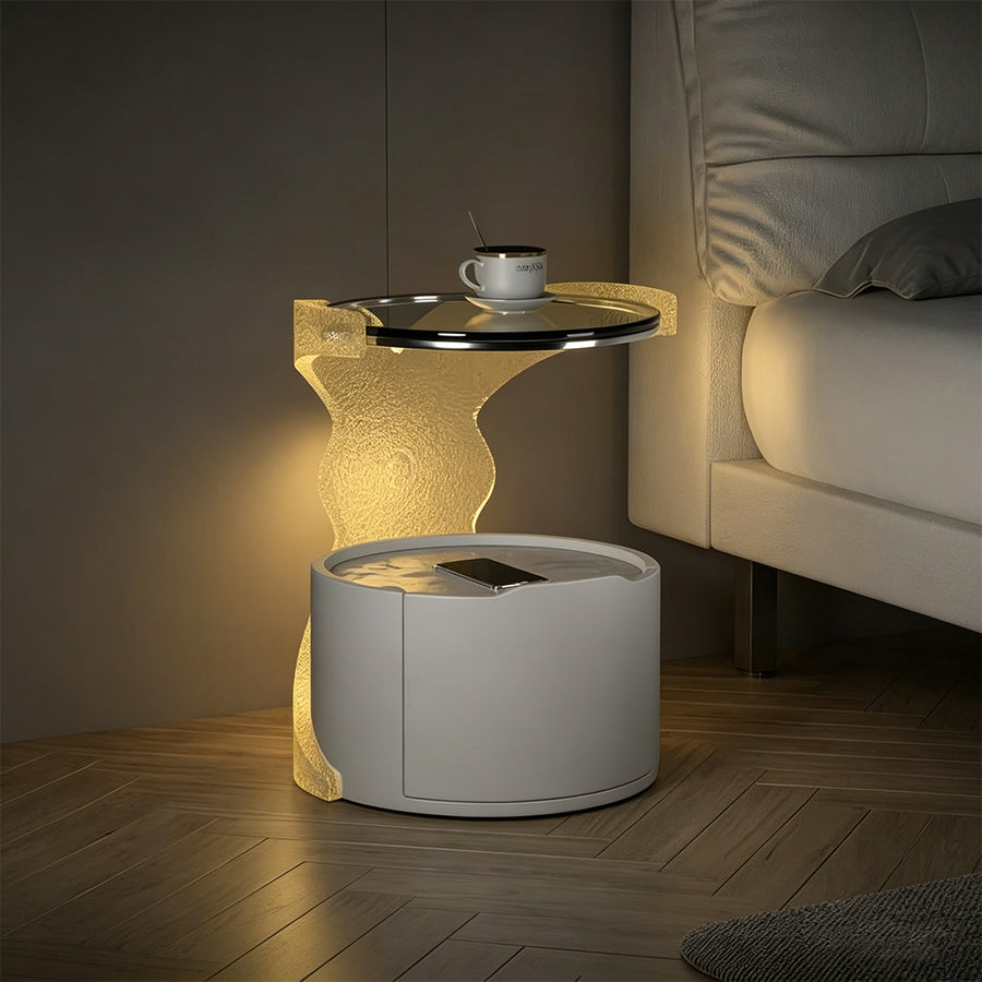 Hutton Round Bedside Table With Storage & Light Strip