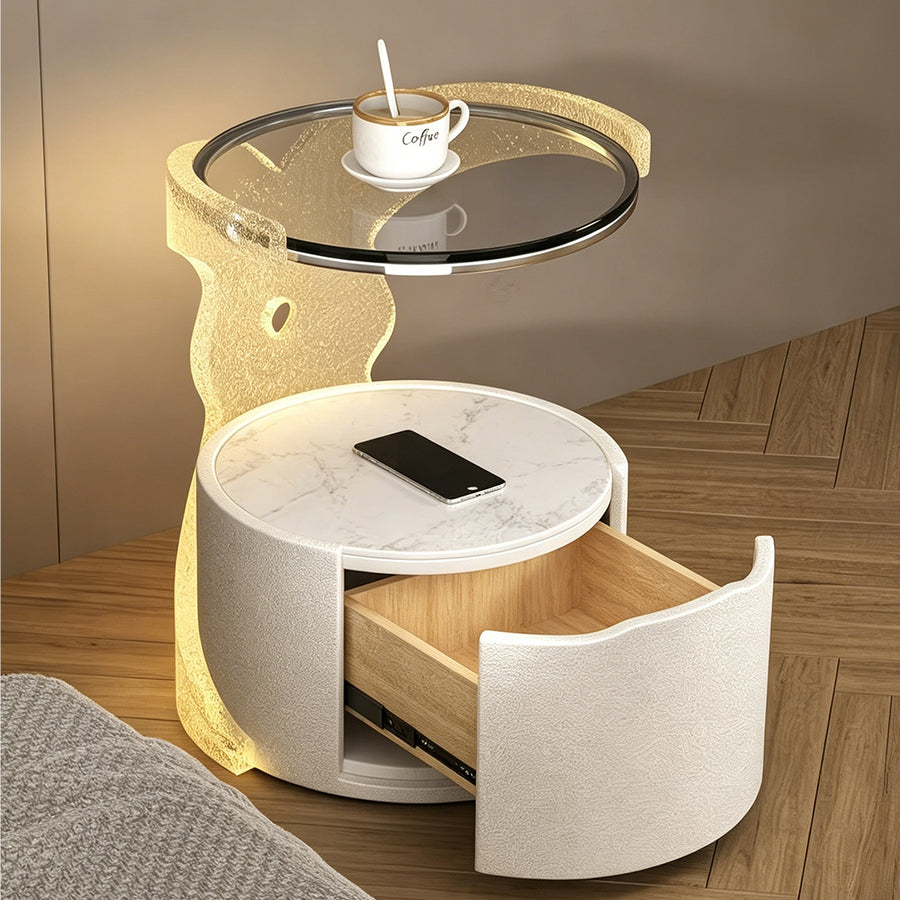 Hutton Round Bedside Table With Storage & Light Strip