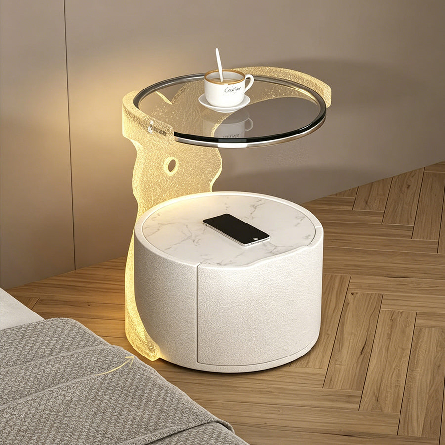 Hutton Round Bedside Table With Storage & Light Strip