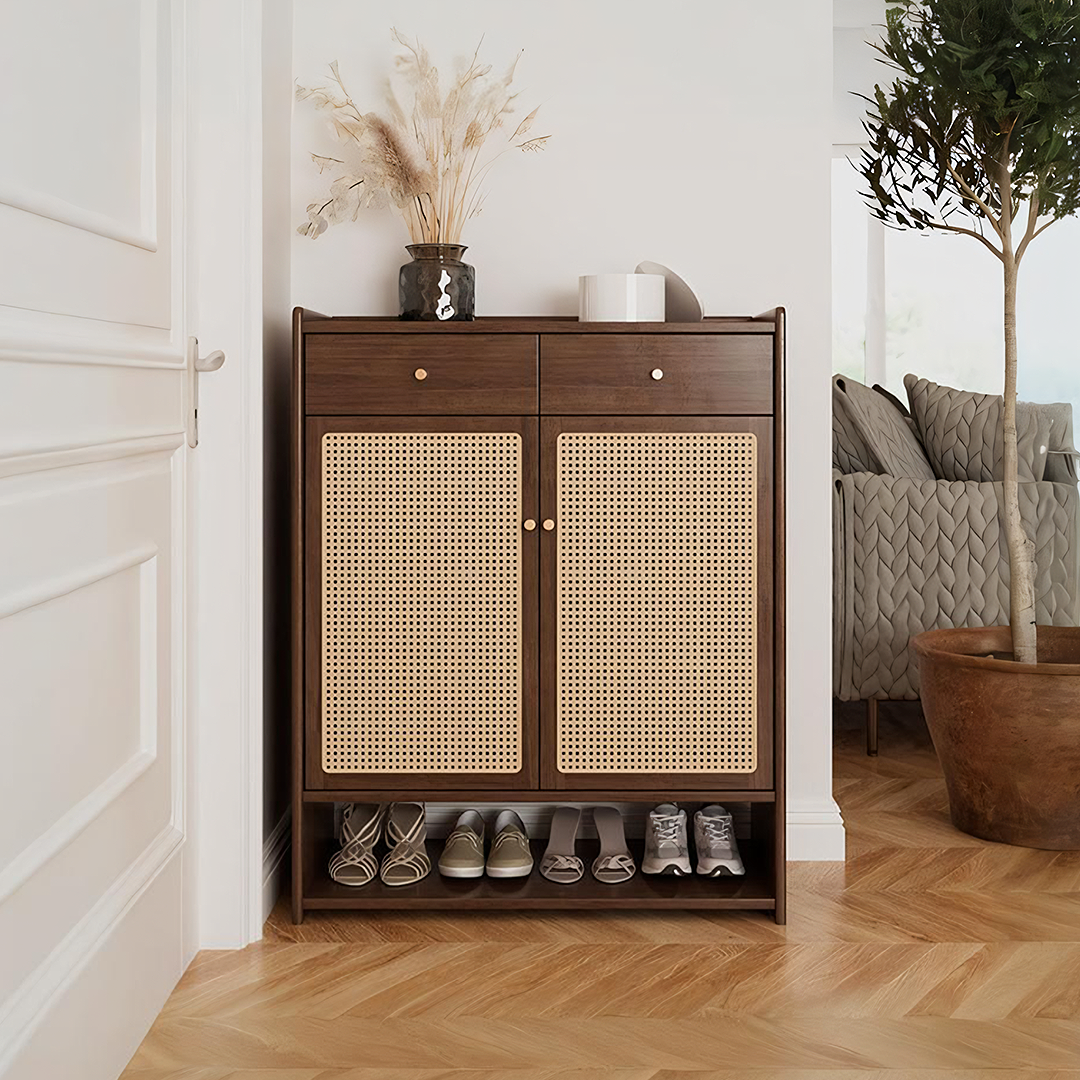 Ingrid Rattan Shoe Storage, Rubber Wood | shoe storage thin – Rit Concept