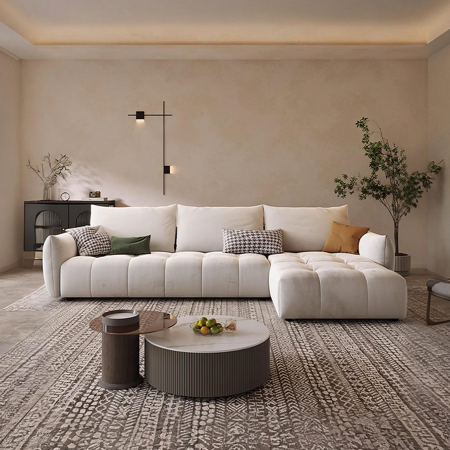 Jasper Two Seater Sofa, Velvet lifestyle view with curved two seater sofa
