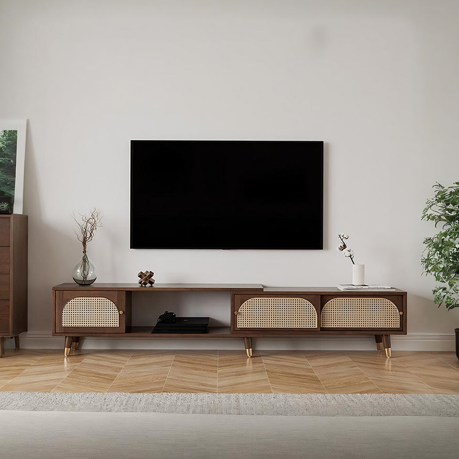 Kirsten Rattan TV Stand, Rubber Wood lifestyle view with mid mod tv stand