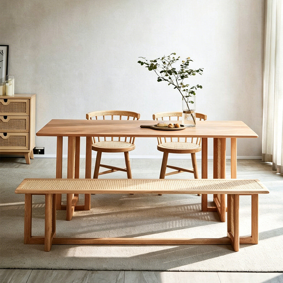 Leocadia Solid Wood Dining Table lifestyle view with chunky rustic oak dining table