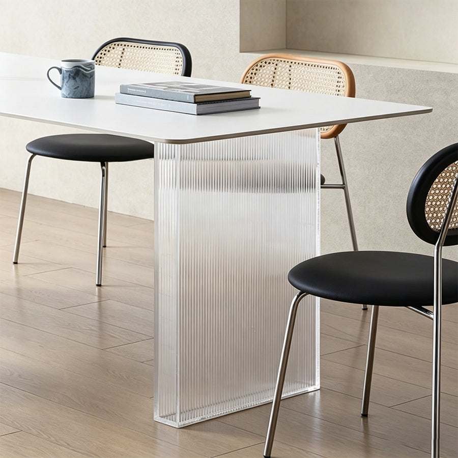 Leonie White Dining Table lifestyle view with large glass dining table