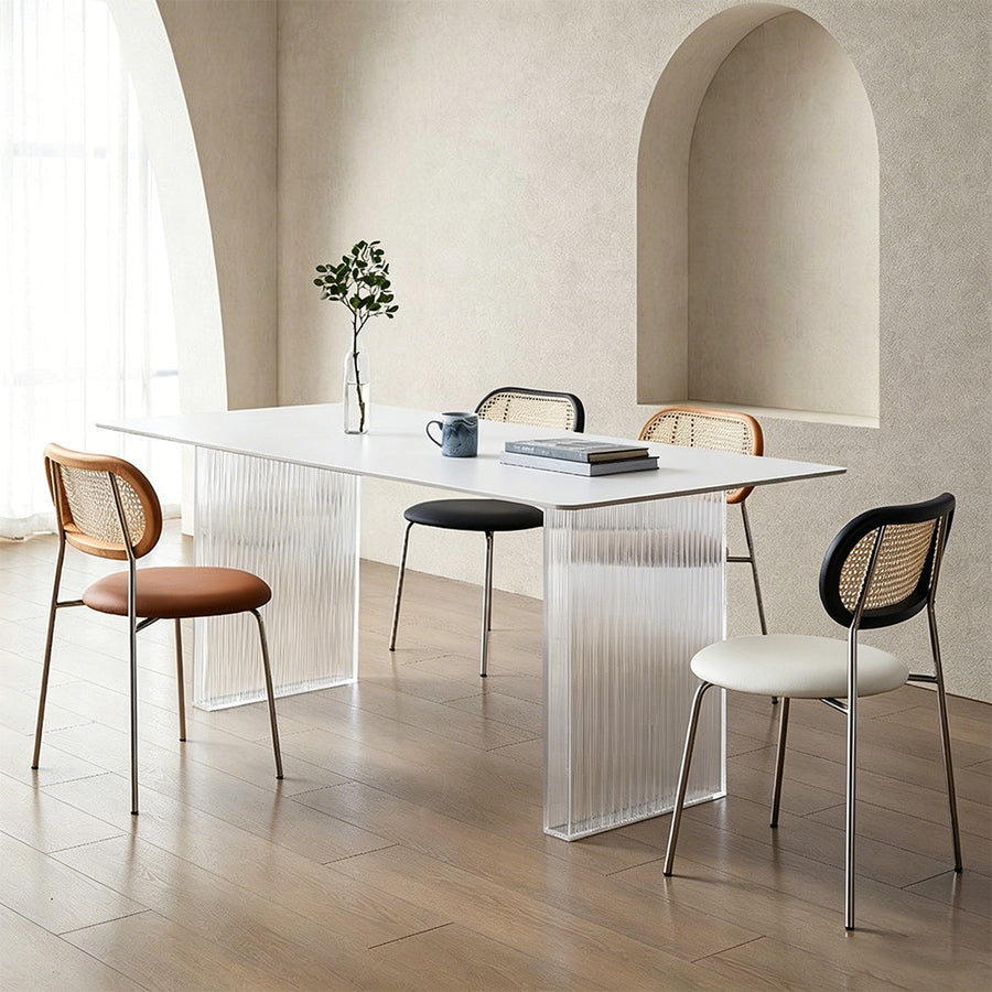 Leonie White Dining Table lifestyle view with white glass dining table