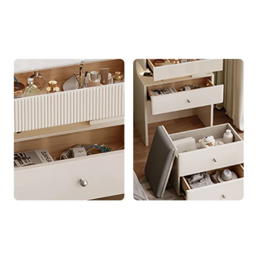 Lia Slimline Dressing Table, With USB Port, LED Mirror & Stool cabinet and shelf detail