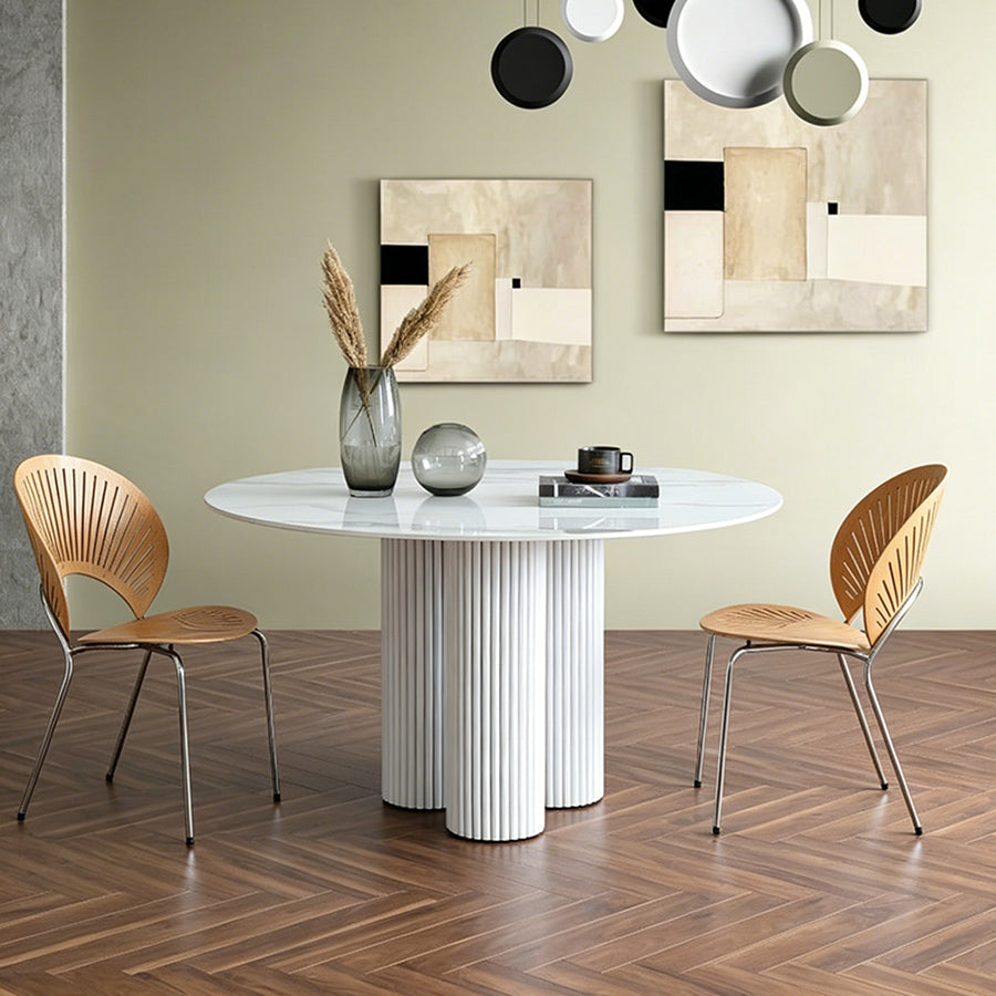 Madge Margaret Round Dining Table lifestyle view with faux marble dining table