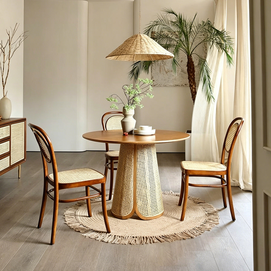Maya Dining Table lifestyle view with round dining table wood