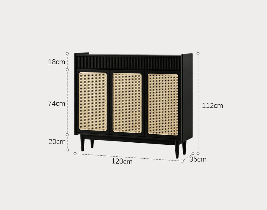 Merton Rattan Shoe Storage With Drawer, Black styled for narrow shoe storage cabinet