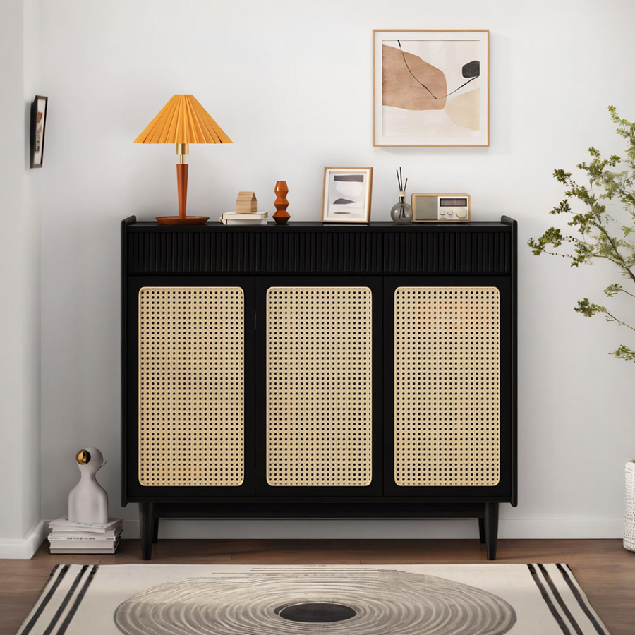 Merton Rattan Shoe Storage With Drawer, Black - cabinet UK