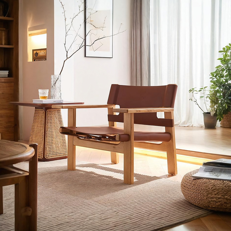 Mona Armchair, Saddle Leather & Ash Wood - accent chair UK