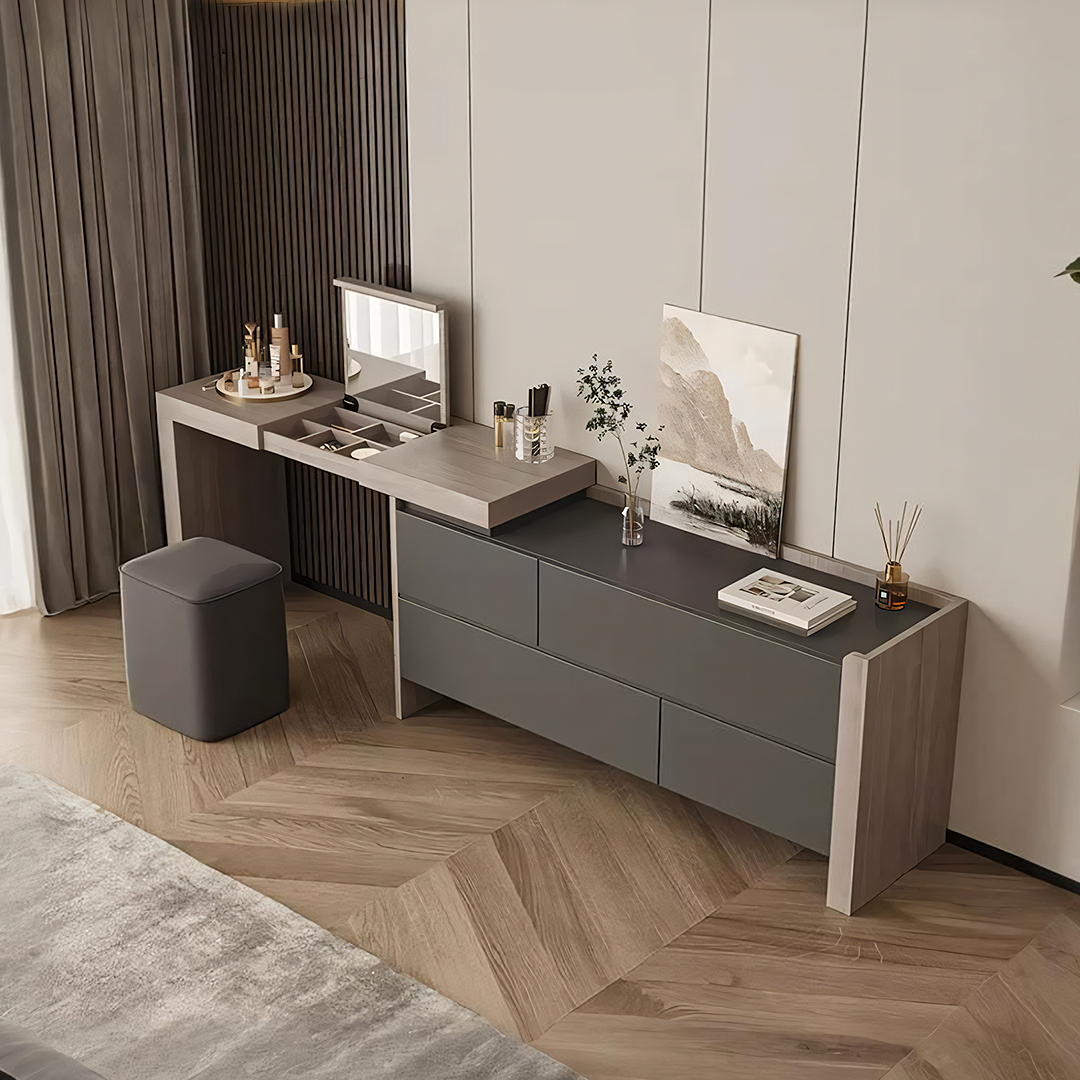 Nash Dressing Table With Side Drawer and LED Round Mirror-Rit Concept-Rit Concept
