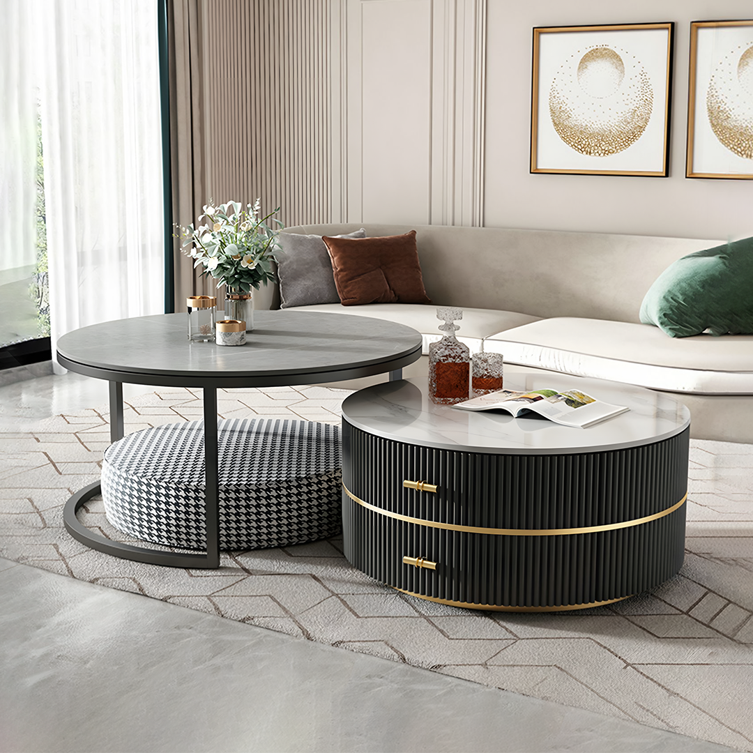 Neddy Nesting Coffee Table With Drawers Ottoman, Sintered Stone