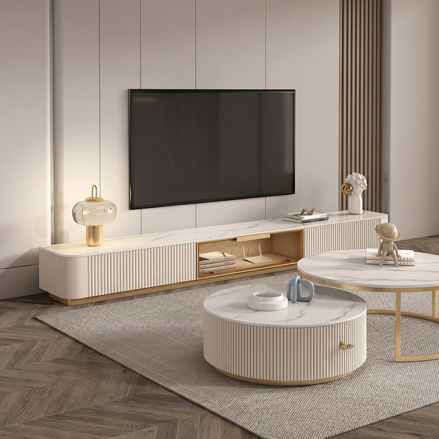 Anastasia TV Stand lifestyle view with glass and wood tv stand