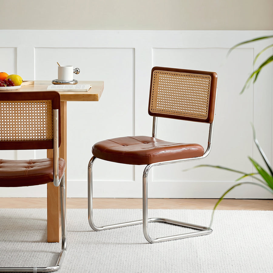 Chloe Rattan Dining Chair, Steel & Wood &  Leather