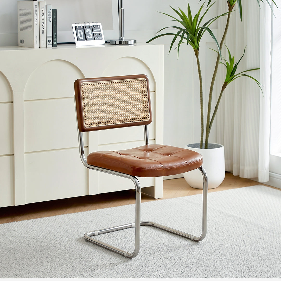Chloe Rattan Dining Chair, Steel & Wood &  Leather
